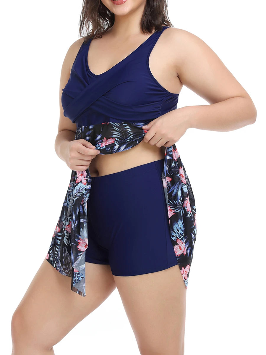 Womens Plus Size Bathing Suit with Boyshorts Mesh Tankini Swim Dress Two Piece Flowy Swimsuits