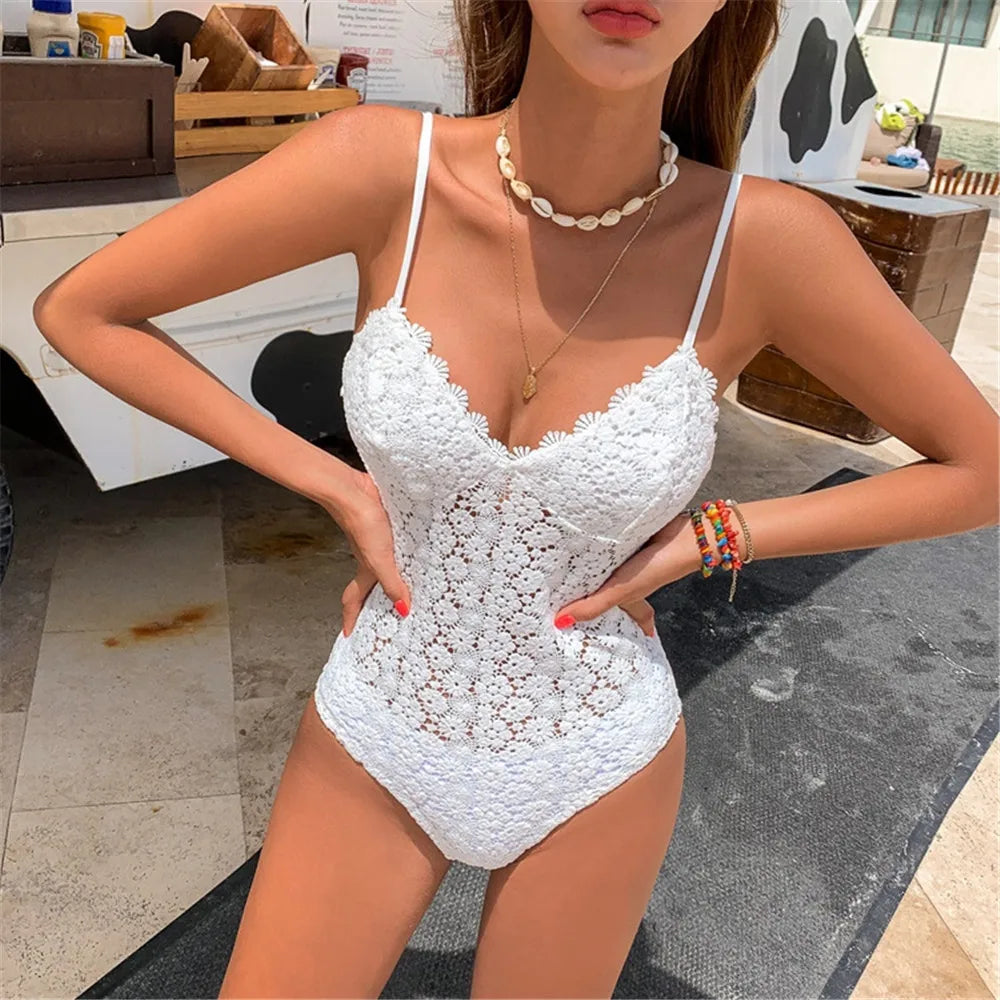 Swimwear White Hollow Sexy Lace One-piece Kawaii Swimsuit Beach Summer Bikinis Swiming Designer Bathing Body Suit Women Cheetah