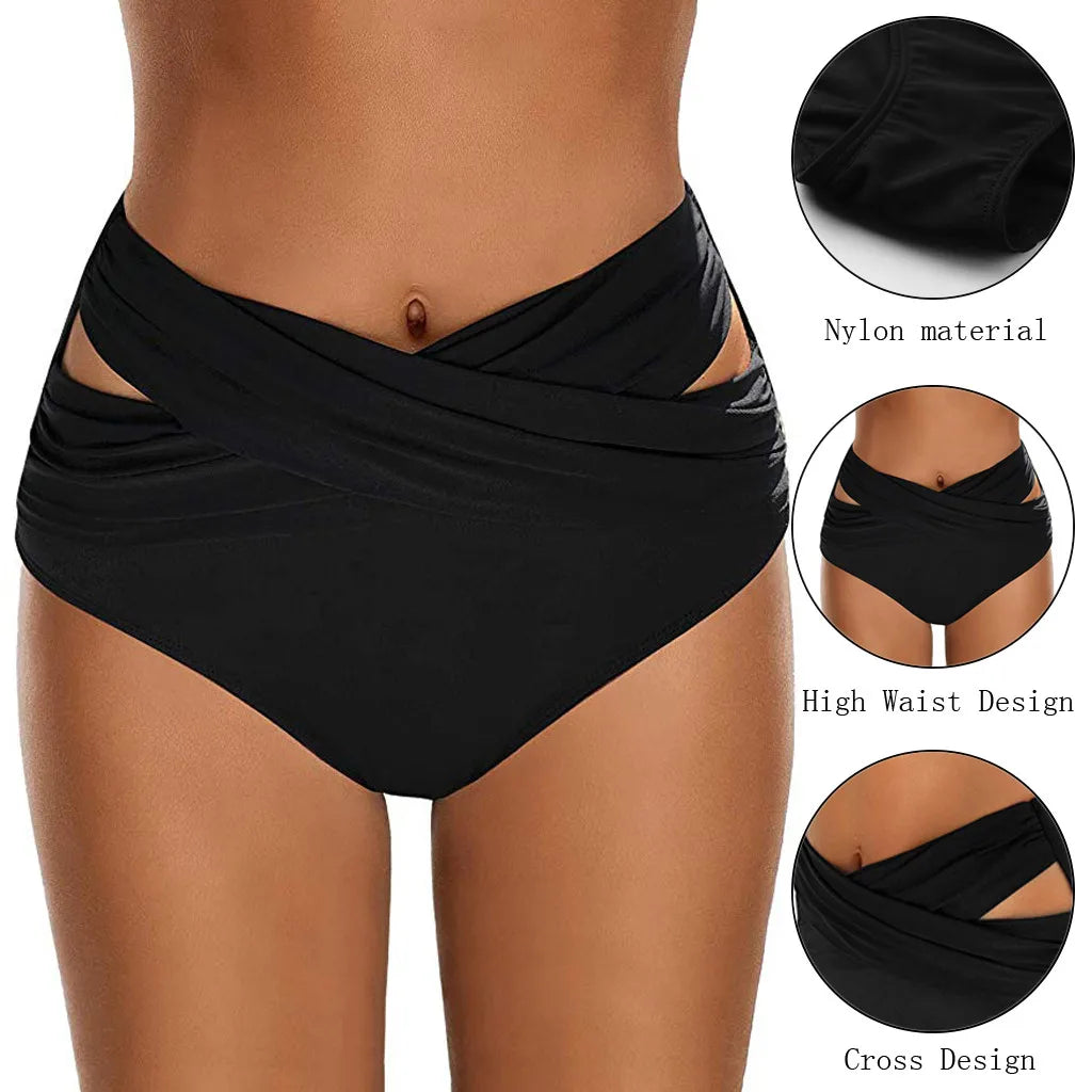 Summer Women Black High Waist Bikini Bottoms Tummy Control Swimsuit Ruched Briefs Quick Dry Sports Swim Trunks Ladies Swimwear