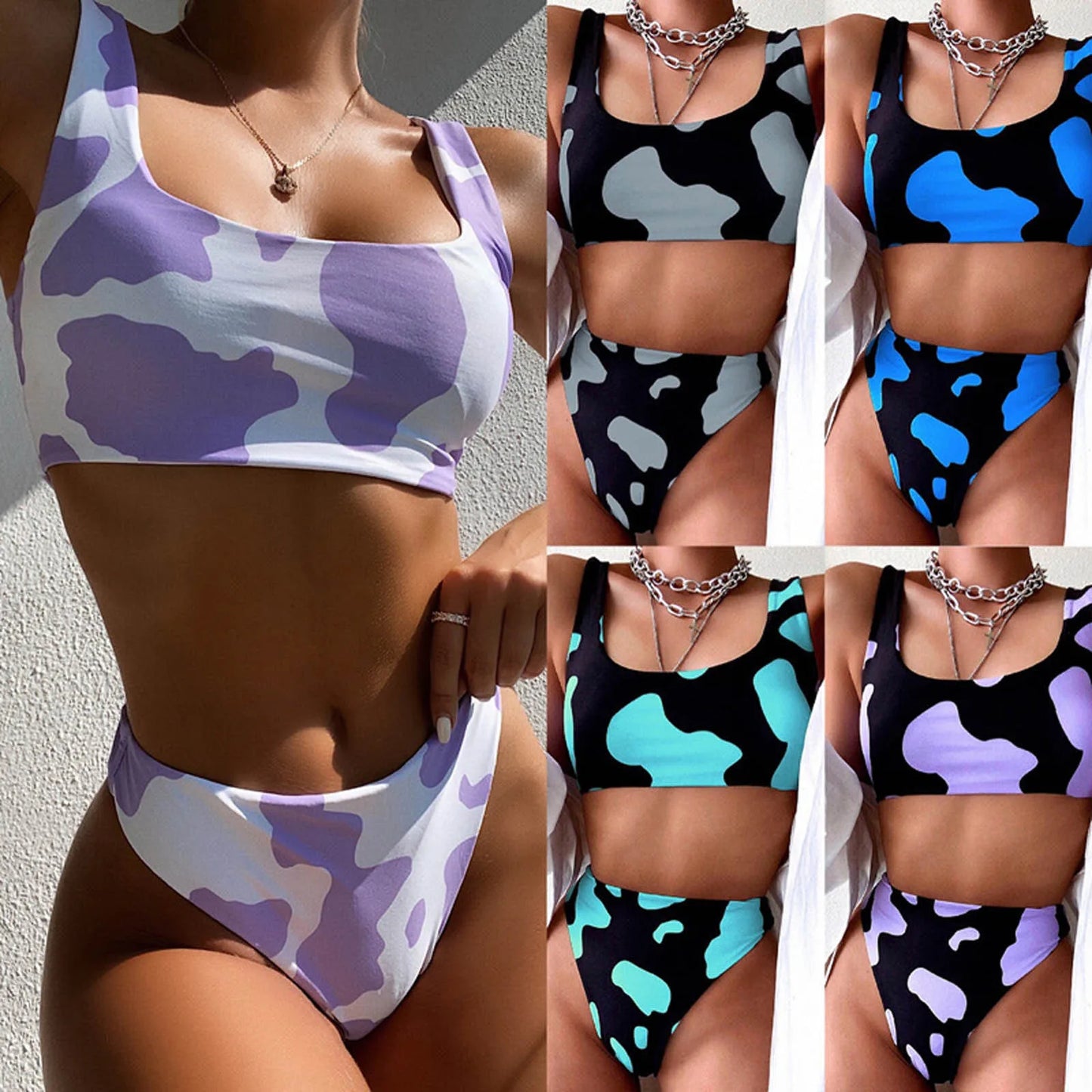 Sexy Cow Print High Waist Tankini Set Swimsuit Women Push Up Bikini Sets Swimwear Luxury Coverup Beach Mujer купальник Beachwear