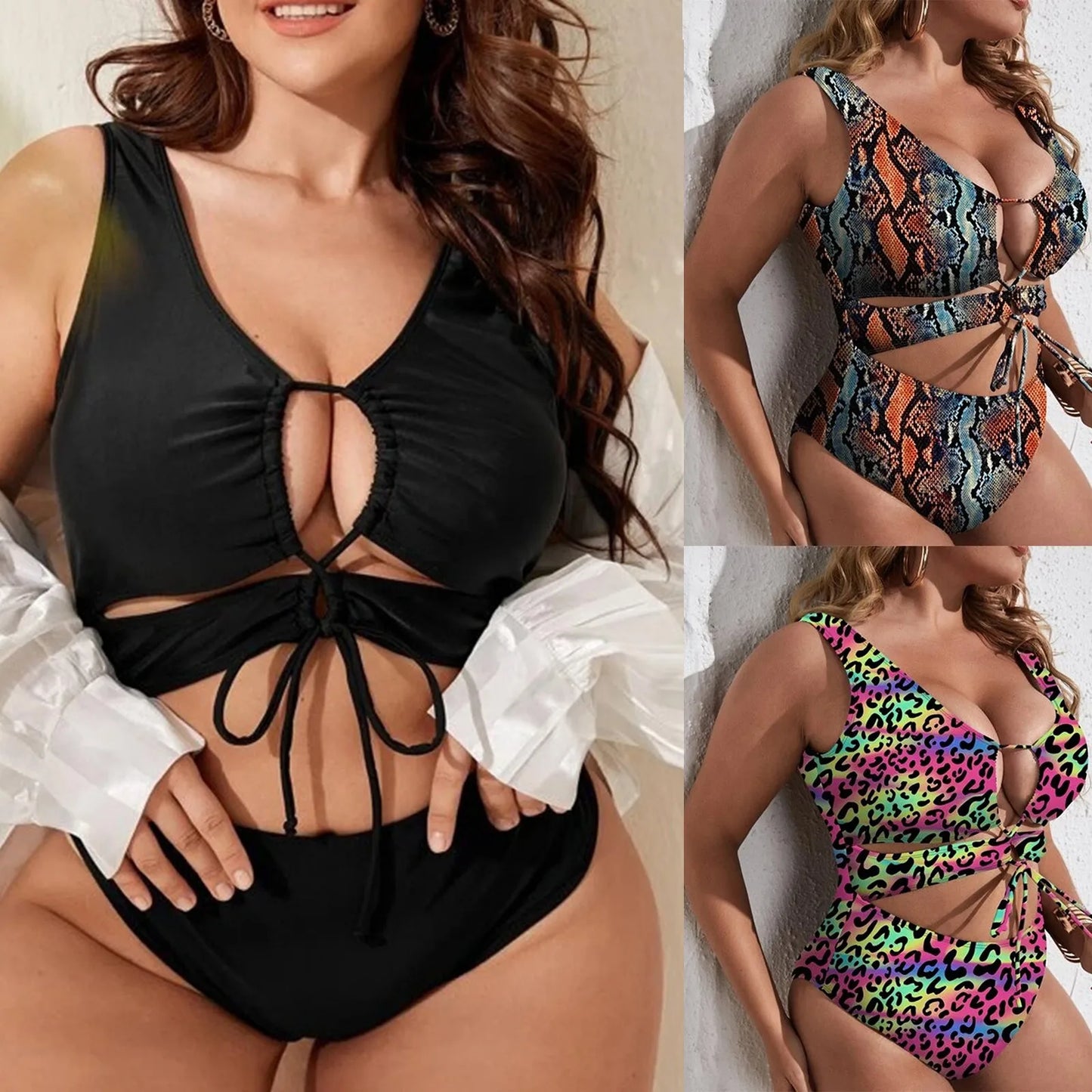 2024 Sexy Push Up Plus Size Swimwear For Women Strapped Hollow Large One Piece Swimsuit Backless Beach Big Lace Up Bathing Suit