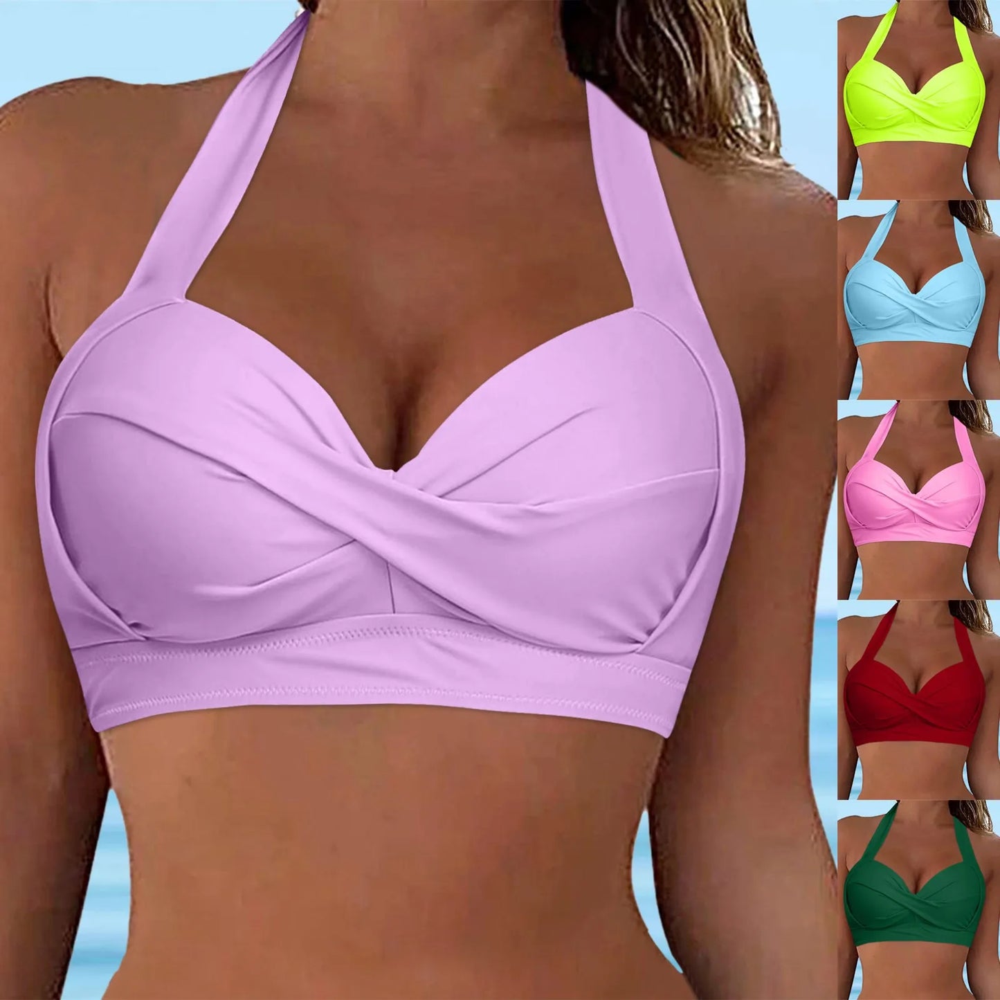 Push Up Swim Crop Top For Women Two Piece Swimsuits Lace Up Swimwear Halter Bikini Top Underwire Solid Full Coverage Sports Bras