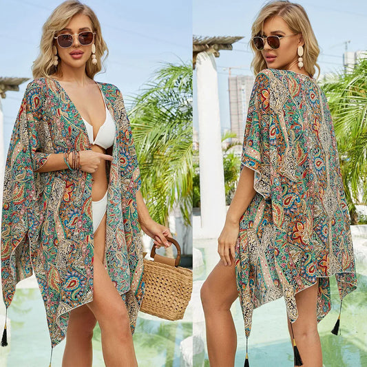 Women's Tops Floral Loose Tassels Coverups Beach Swim Bikini Kimono Cardigan Bathing Suit Cover Ups Blouse Swimwear Resort Wear