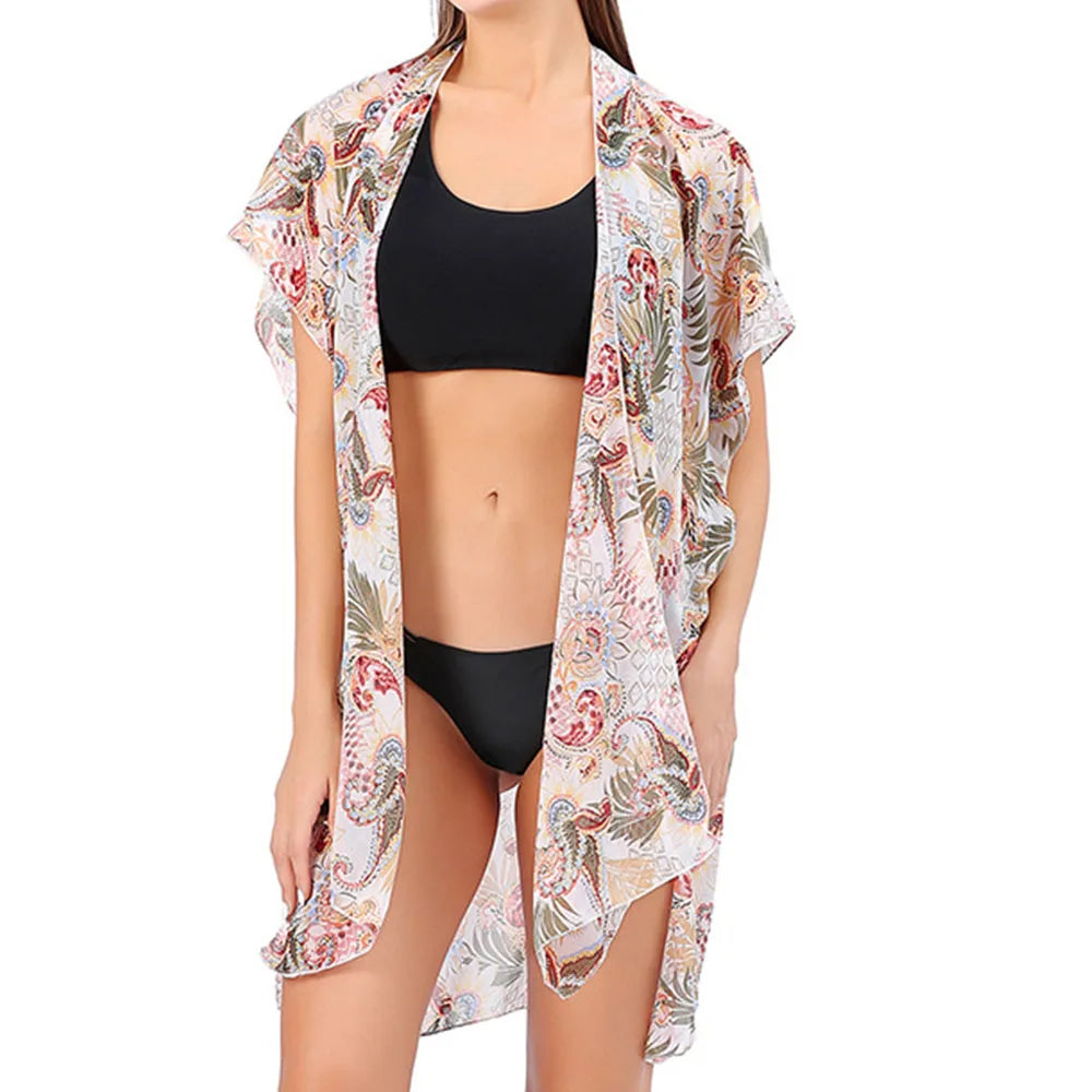 Women's Tops Boho Loose Chiffon Coverups Beach Swim Bikini Kimono Cardigan Bathing Suit Cover Ups Blouse Swimwear Resort Wear