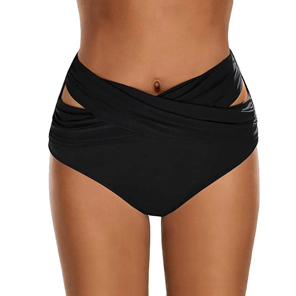 Summer Women Black High Waist Bikini Bottoms Tummy Control Swimsuit Ruched Briefs Quick Dry Sports Swim Trunks Ladies Swimwear