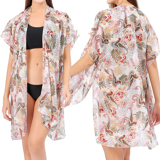 Women's Tops Boho Loose Chiffon Coverups Beach Swim Bikini Kimono Cardigan Bathing Suit Cover Ups Blouse Swimwear Resort Wear