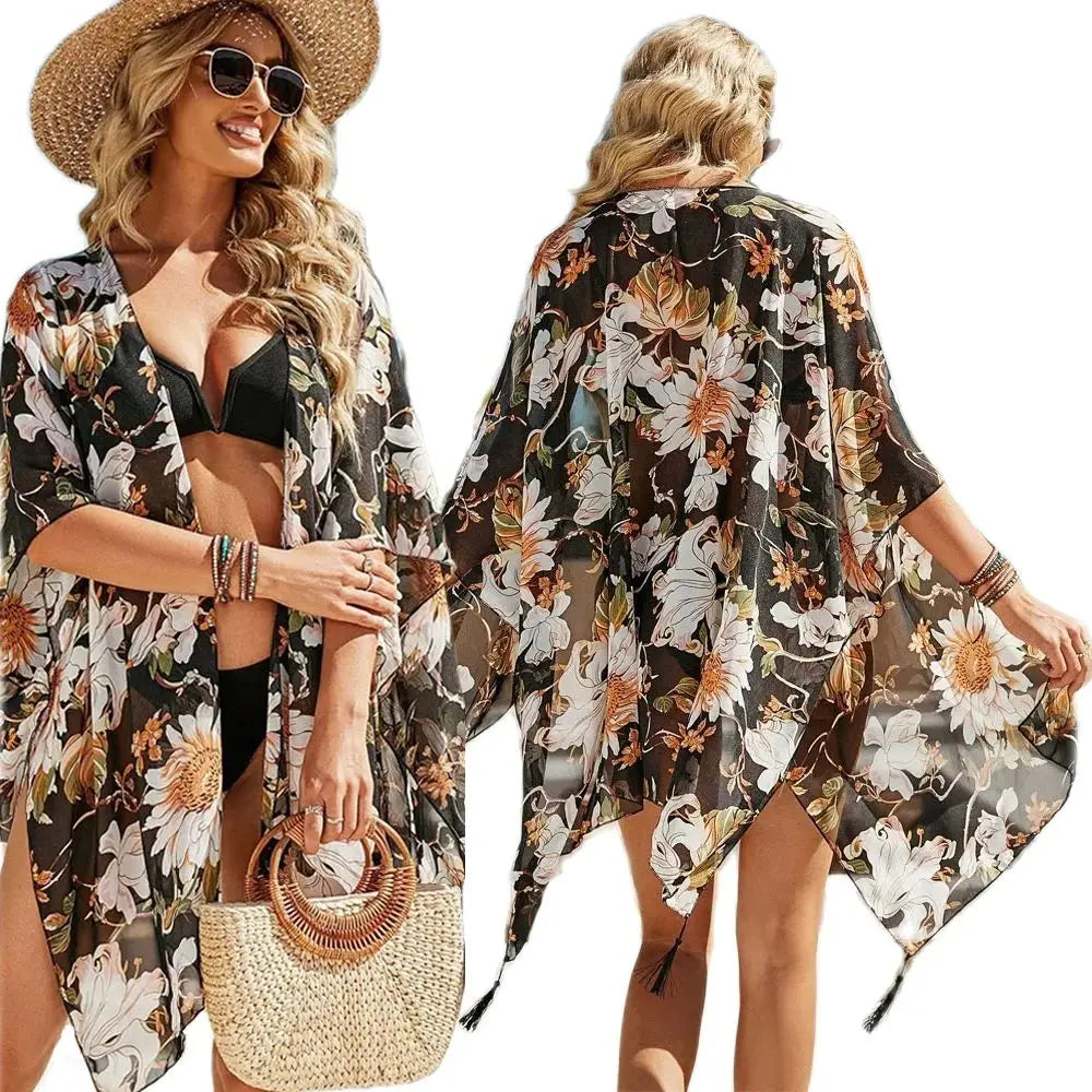 Women's Tops Boho Loose Tassels Coverups Beach Swim Bikini Kimono Cardigan Bathing Suit Cover Ups Blouse Swimwear Resort Wear